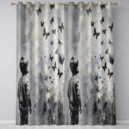 Boy Watching Black Butterflies Monochrome Street Art Modern Design For Home Decor Readymade Eyelet Ring Top Thermal 100% Blackout Curtains - thumbnail 3