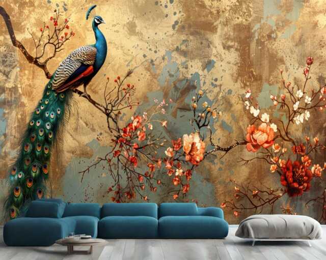 Wallpaper, Peacock Floral Garland Art Print, Removable Wall Mural - image 1