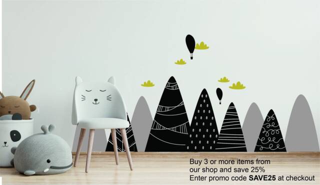 Scandinavian Nordic Nursery Mountains Black & White Wall Stickers Art Decal - image 1