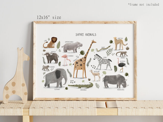 Safari Print, Animals Nursery Art Scandi Decor, Educational Playroom Prints, Kids - image 1