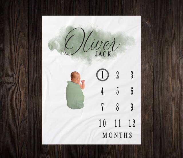 Personalized Milestone Blanket Month Growth Tracker Minky Fleece Custom Boy Baby Shower Gift Watercolor Newborn Bm21 - image 1