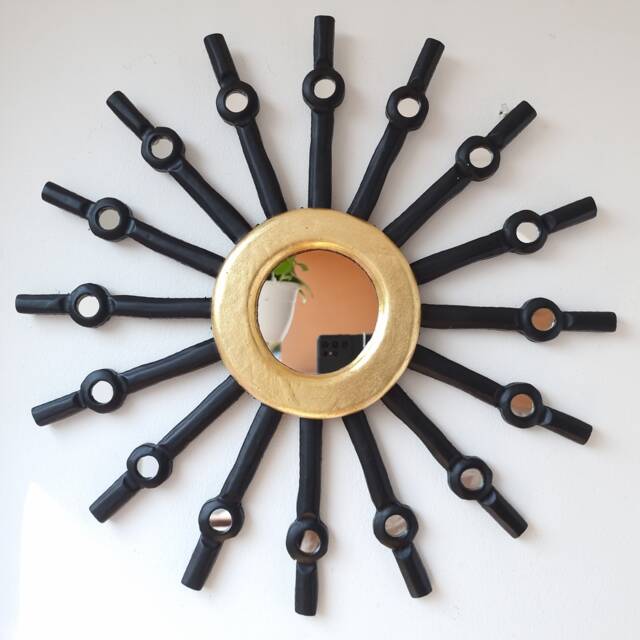 Peruvian Black Skull Sun Mirror 50 cm Handmade Wall Decor - Carved Wood Round Statement For Living Room Bathroom - image 1