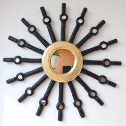 Peruvian Black Skull Sun Mirror 50 cm Handmade Wall Decor - Carved Wood Round Statement For Living Room Bathroom