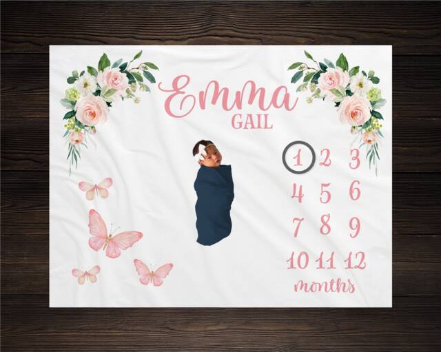 Butterfly Floral Milestone Blanket, Baby Shower Gift, Keepsake Girl Pink Growth Track Blanket - image 1