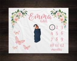 Butterfly Floral Milestone Blanket, Baby Shower Gift, Keepsake Girl Pink Growth Track Blanket - thumbnail 1