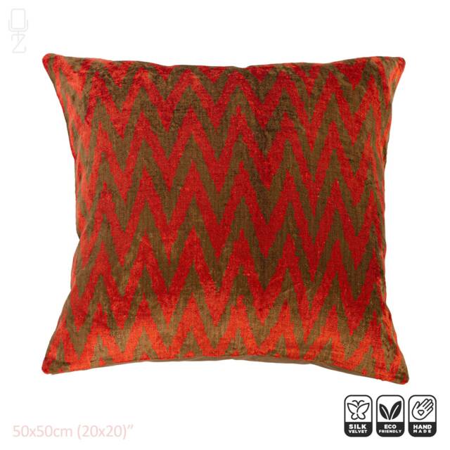 Silk Velvet Ikat Cushion Cover, Orange Brown Zig Zag Pillow - 20x20 - image 1