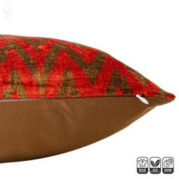 Silk Velvet Ikat Cushion Cover, Orange Brown Zig Zag Pillow - 20x20 - thumbnail 3