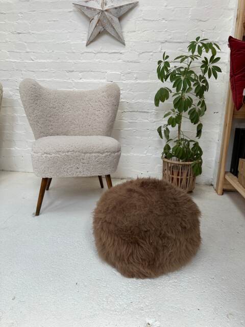 Taupe Sheepskin Pouffe, Taupe Footstool, Light Brown Fluffy Sheepskin, Genuine - image 1