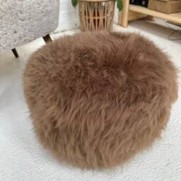 Taupe Sheepskin Pouffe, Taupe Footstool, Light Brown Fluffy Sheepskin, Genuine - thumbnail 2