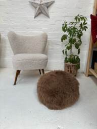 Taupe Sheepskin Pouffe, Taupe Footstool, Light Brown Fluffy Sheepskin, Genuine - thumbnail 1