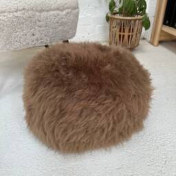 Taupe Sheepskin Pouffe, Taupe Footstool, Light Brown Fluffy Sheepskin, Genuine - thumbnail 3