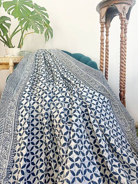 Kantha Stitch Pure Cotton Reversible Bed/Sofa Throw King Size - Handmade Handprinted Floral Dohar White Navy Blue Geometric Petal Weave - image 1