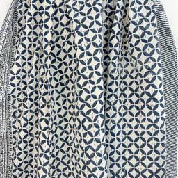 Kantha Stitch Pure Cotton Reversible Bed/Sofa Throw King Size - Handmade Handprinted Floral Dohar White Navy Blue Geometric Petal Weave - thumbnail 2