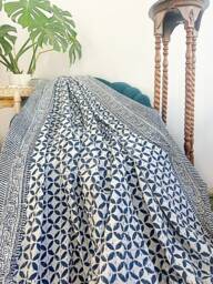 Kantha Stitch Pure Cotton Reversible Bed/Sofa Throw King Size - Handmade Handprinted Floral Dohar White Navy Blue Geometric Petal Weave - thumbnail 1