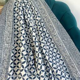 Kantha Stitch Pure Cotton Reversible Bed/Sofa Throw King Size - Handmade Handprinted Floral Dohar White Navy Blue Geometric Petal Weave - thumbnail 3