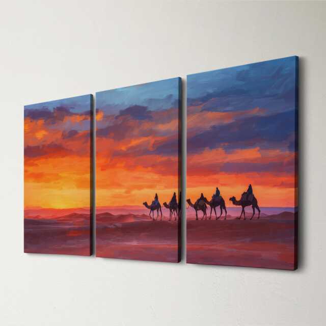 Moroccan Desert Sunset Camel 3 Panel Split Canvas Wall Art Sahara Landscape Oil Painting Framed Home Boho Decor Gift - image 1