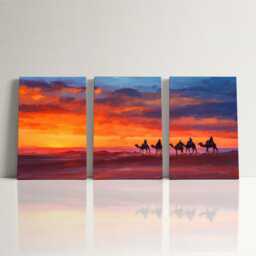 Moroccan Desert Sunset Camel 3 Panel Split Canvas Wall Art Sahara Landscape Oil Painting Framed Home Boho Decor Gift - thumbnail 3