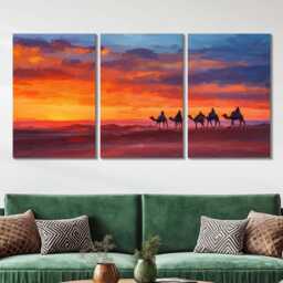Moroccan Desert Sunset Camel 3 Panel Split Canvas Wall Art Sahara Landscape Oil Painting Framed Home Boho Decor Gift - thumbnail 2