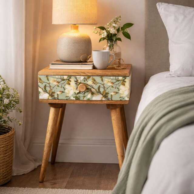 Magnolia Bloom Mango Wood Bedside Table - Hand Carved Nightstand With Drawer - image 1