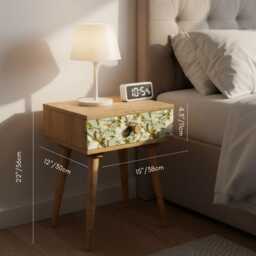 Magnolia Bloom Mango Wood Bedside Table - Hand Carved Nightstand With Drawer - thumbnail 4