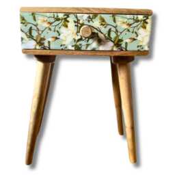 Magnolia Bloom Mango Wood Bedside Table - Hand Carved Nightstand With Drawer - thumbnail 3