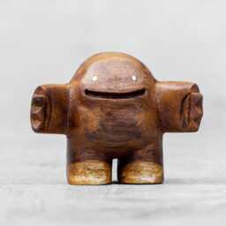 Hug - Handcarved Teak Wood Art Toy With Brass Heart Handmade Sculpture By Blamo