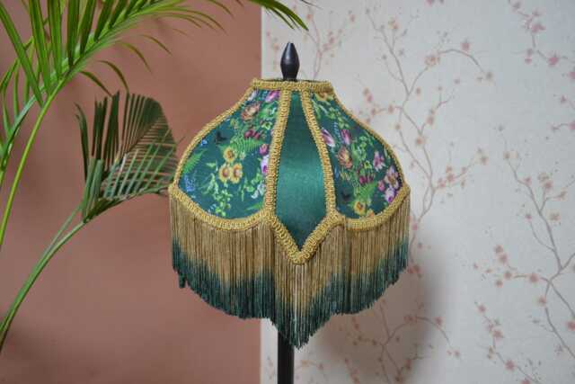 Handmade Green Silk Lampshade Secret Garden Print With Rayon Fringe - image 1