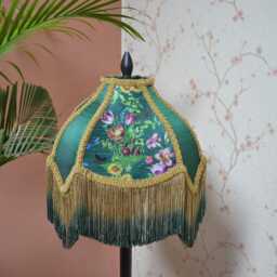 Handmade Green Silk Lampshade Secret Garden Print With Rayon Fringe - thumbnail 2