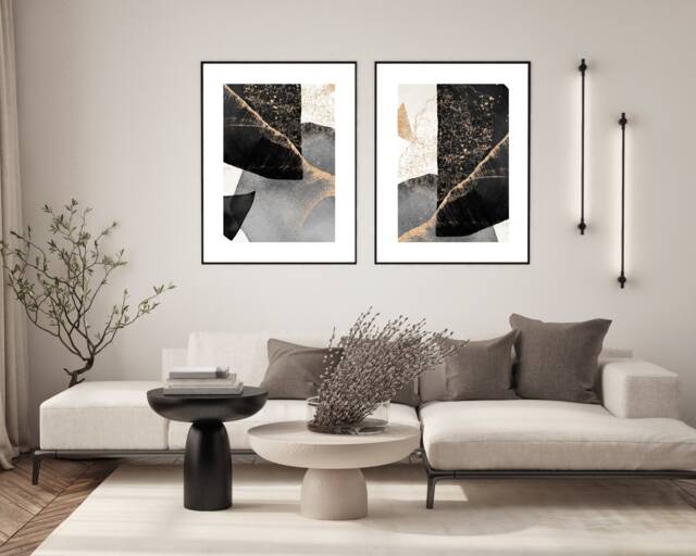 Set Of 2 Black Grey Gold Abstract Detail, Pair Wall Art Print Home Decor Poster, Lounge, Hallway, Bathroom, Kitchen, Bedroom - image 1