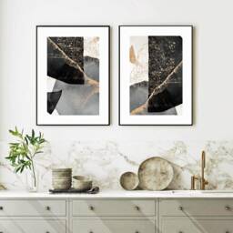 Set Of 2 Black Grey Gold Abstract Detail, Pair Wall Art Print Home Decor Poster, Lounge, Hallway, Bathroom, Kitchen, Bedroom - thumbnail 2