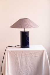 Handmade Ceramic Table Lamp, A Lighting & Decorative Object. Bright Blue Base Dark Gray Ribbon Shade - thumbnail 1
