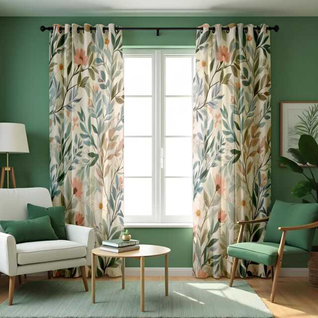 Botanical Floral Curtains, Soft Pastel Leaf & Flower Pattern Drapes, Custom Made Window Panels For Living Room Decor - image 1