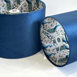 New Luxury Hq Double Sided Navy Blue & Peacock Bird On White Fabric Combination Lamp Shade Pendant Light - thumbnail 2