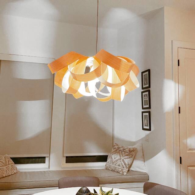 Nordic Wood Veneer Lamp - Modern Scandinavian Chandelier, Minimalist Dining Room Pendant Fixture - image 1