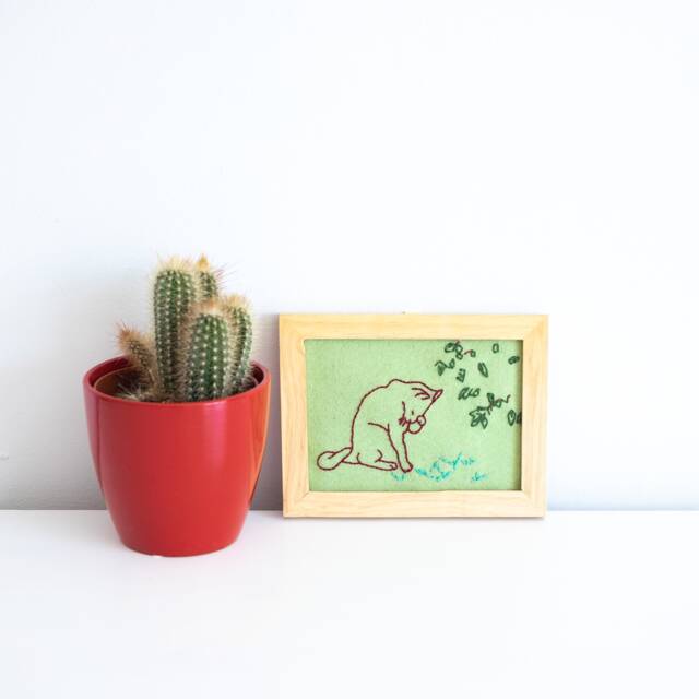 Grooming Cat Embroidery in Frame, Kitty Cat, Reuse, Recycled Cute Embroidery, Sweet Gift, Wall Art, Rest, Zen Nature - image 1