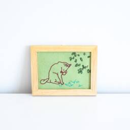 Grooming Cat Embroidery in Frame, Kitty Cat, Reuse, Recycled Cute Embroidery, Sweet Gift, Wall Art, Rest, Zen Nature - thumbnail 2