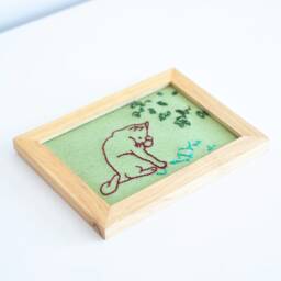 Grooming Cat Embroidery in Frame, Kitty Cat, Reuse, Recycled Cute Embroidery, Sweet Gift, Wall Art, Rest, Zen Nature - thumbnail 3