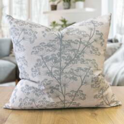 Cow Parsley Extra-Large Cushion in Duck Egg Blue & Natural Beige. Cottagecore Botanical Leaves & Flowers Design. 23x23 - thumbnail 1