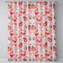 Kawaii Sushi Ramen Dumpling Asian Food Seamless Pattern Rose Pink Background Readymade Eyelet Ring Top Thermal 100% Blackout Curtains - thumbnail 2