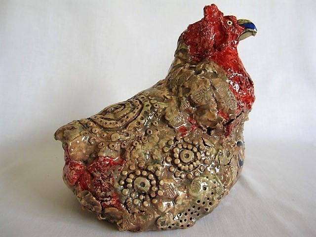 Hen Sculpture/Unique Ceramic Hen/Fantasy Hen/Hen Garden Sculpture - image 1