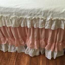 Pink & White Two Tiered Dust Ruffle With Country Hem, Handmade From 100% Linen, Shabby Chic Bedding, Romantic - thumbnail 3