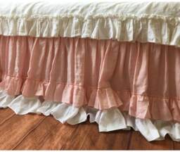 Pink & White Two Tiered Dust Ruffle With Country Hem, Handmade From 100% Linen, Shabby Chic Bedding, Romantic