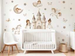 Watercolor Princess & Unicorn Wall Decal, Girl's Room Decor, Nursery Peel Stick Moon Art - thumbnail 1