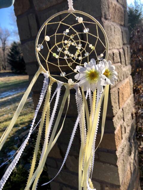 Yellow Daisy Dream Catcher, Shabby Chic Nursery Decor Wall Hanging, Boho Bedroom Decor, Pastel Glass Beaded Feather Dreamcatcher - image 1