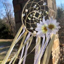 Yellow Daisy Dream Catcher, Shabby Chic Nursery Decor Wall Hanging, Boho Bedroom Decor, Pastel Glass Beaded Feather Dreamcatcher - thumbnail 2
