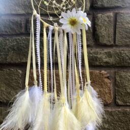 Yellow Daisy Dream Catcher, Shabby Chic Nursery Decor Wall Hanging, Boho Bedroom Decor, Pastel Glass Beaded Feather Dreamcatcher - thumbnail 3