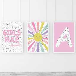 Personalised Girls Nursery Prints Set Pink Rainbow Sun Wall Art - thumbnail 3