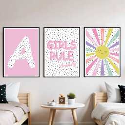 Personalised Girls Nursery Prints Set Pink Rainbow Sun Wall Art - thumbnail 1