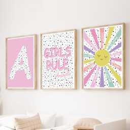 Personalised Girls Nursery Prints Set Pink Rainbow Sun Wall Art - thumbnail 2