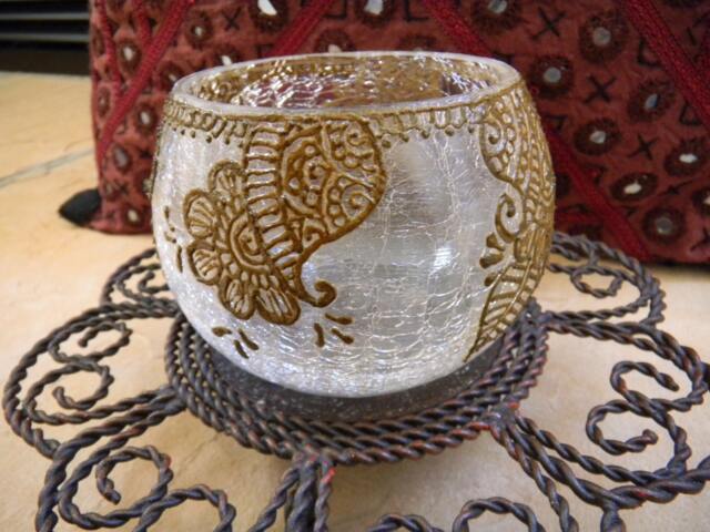 Cracked Votive Holder With Unique Henna Design - Ooak - image 1